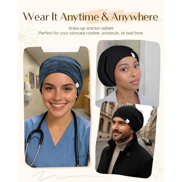 🆕Women's Silk Satin Bonnet Hair Cover Sleep Cap - Adjustable Slouchy Beanie - Picture 5 of 7